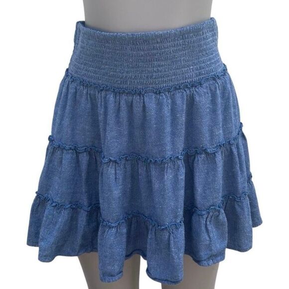 American Eagle Mini Skirt Women's Medium Blue Chambray Linen Blend Ruffle Tiered - Picture 6 of 10